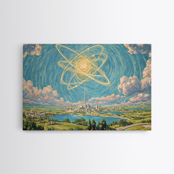 Radiant Atomic Sky Over Future City Wall Art, Midcentury Modern Sci Fi Landscape Poster, Retro Space Age MCM Decor Print