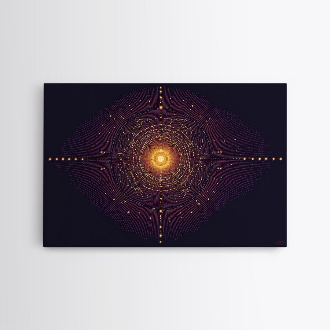 Glowing Orange Cosmic Mandala Wall Art, Midcentury Modern Abstract Art Print, Space Geometric Retro Decor, Large MCM Poster