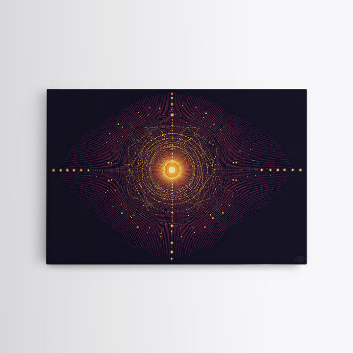 Glowing Orange Cosmic Mandala Wall Art, Midcentury Modern Abstract Art Print, Space Geometric Retro Decor, Large MCM Poster