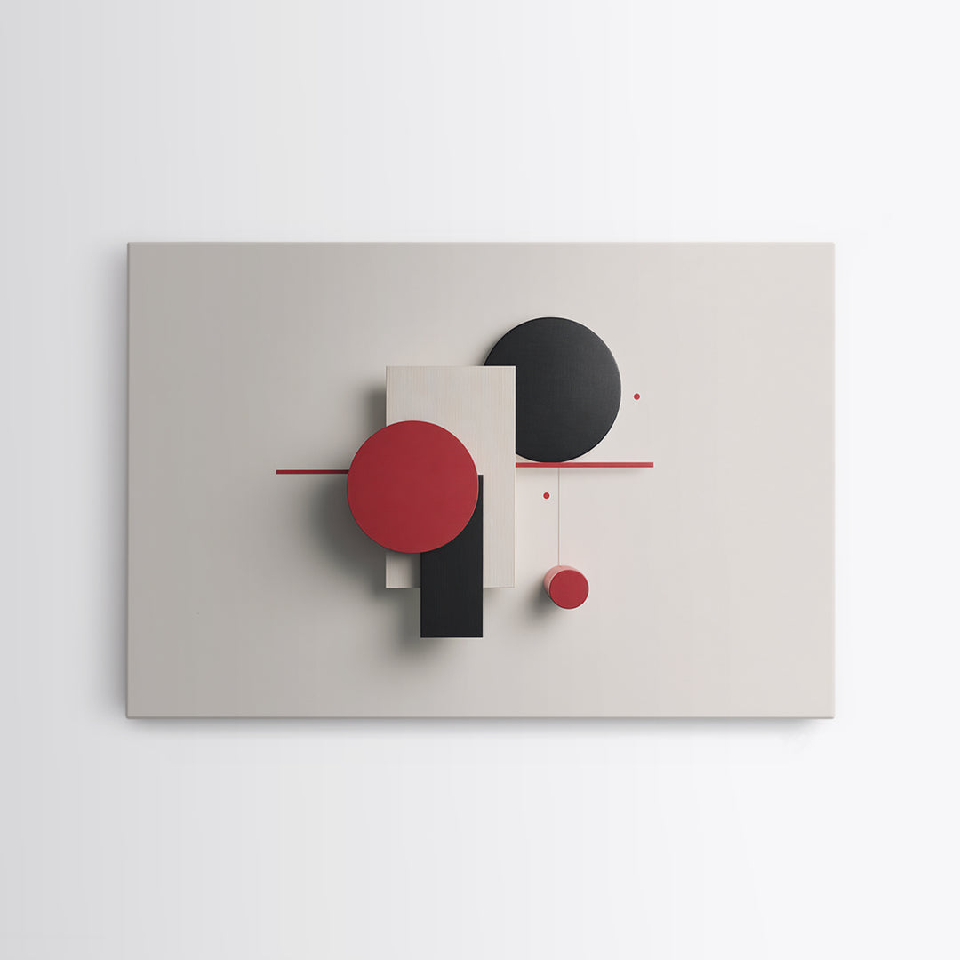 Red Black White Dimensional Shapes Framed Canvas Print, Midcentury Modern Wall Art, Geometric Abstract MCM Decor, Bold Poster