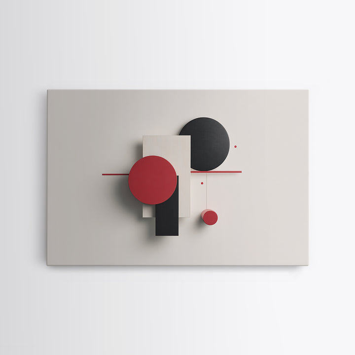 Red Black White Dimensional Shapes Framed Canvas Print, Midcentury Modern Wall Art, Geometric Abstract MCM Decor, Bold Poster