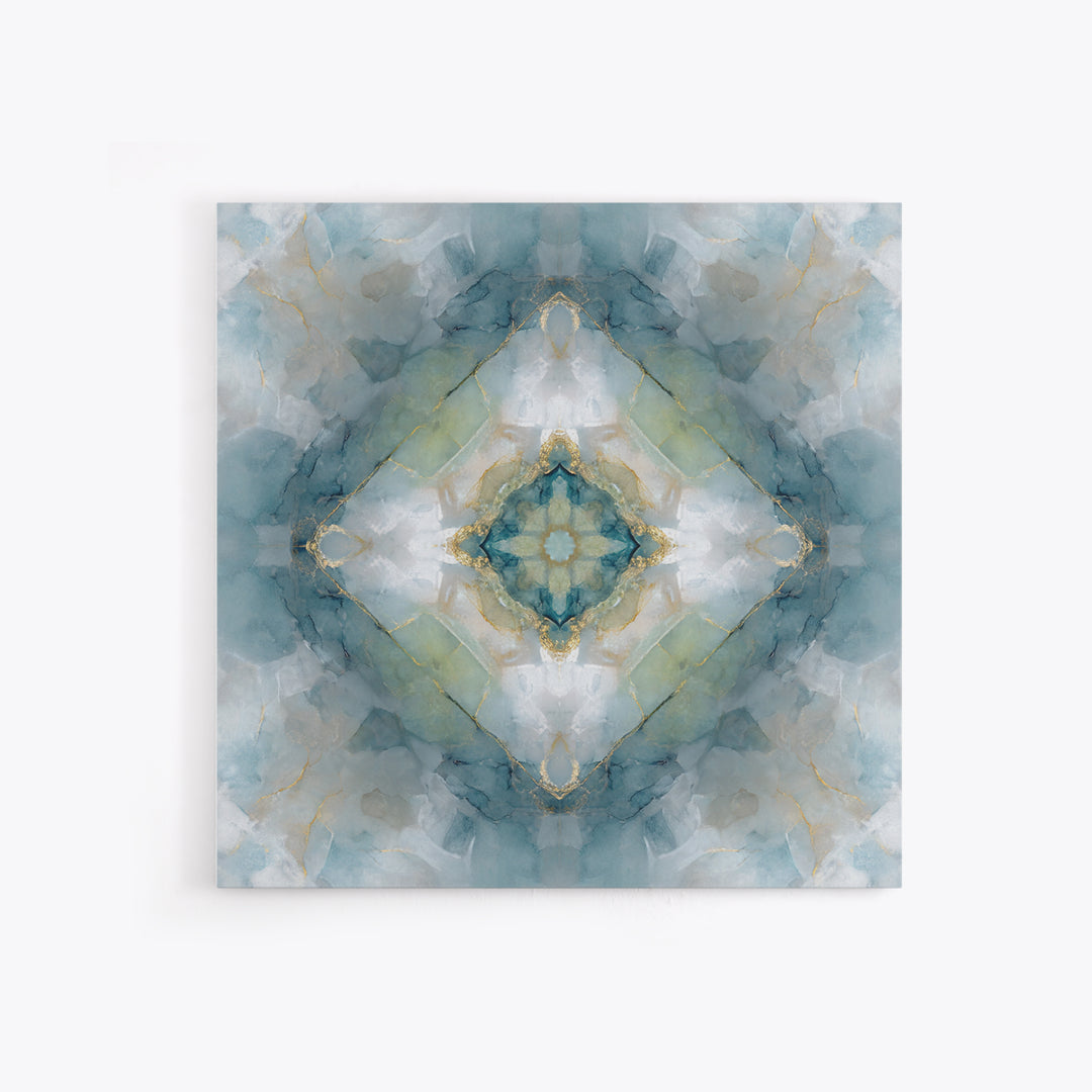 Mandala with Soft Gold and Indigo Symmetry Framed Canvas Print, Meditation Art, Zen Wall Art, Living Room Decor, Stillness, MED-1x1-2