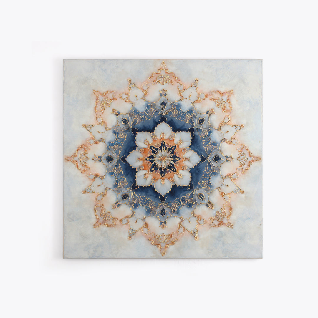 Mandala with Soft Gold and Indigo Symmetry Canvas Print, Meditation Art, Printable Artwork, Living Room Decor, Stillness, MED-1x1-26