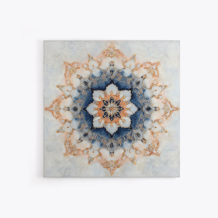 Mandala with Soft Gold and Indigo Symmetry Canvas Print, Meditation Art, Printable Artwork, Living Room Decor, Stillness, MED-1x1-26