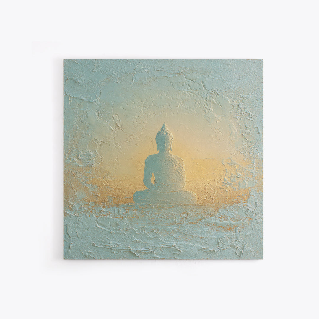 Buddha Silhouette Surrounded by Warm Light Canvas Print, Meditation Art, Neutral Wall Art, Living Room Decor, Stillness, MED-1x1-31