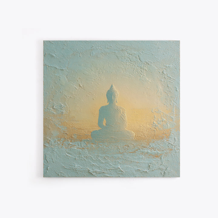 Buddha Silhouette Surrounded by Warm Light Canvas Print, Meditation Art, Neutral Wall Art, Living Room Decor, Stillness, MED-1x1-31