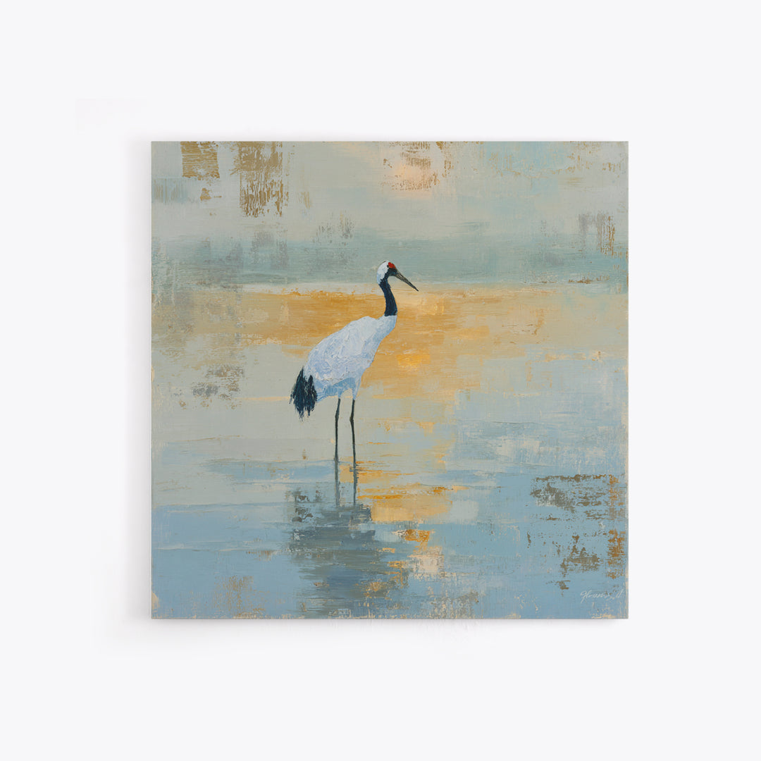 White Crane in Quiet Morning Mist Framed Canvas Print, Meditation Art, Art Print, Living Room Decor, Fine Art, Stillness, MED-1x1-40