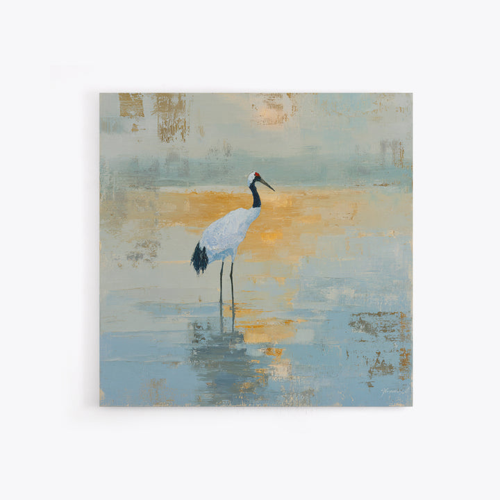 White Crane in Quiet Morning Mist Framed Canvas Print, Meditation Art, Art Print, Living Room Decor, Fine Art, Stillness, MED-1x1-40