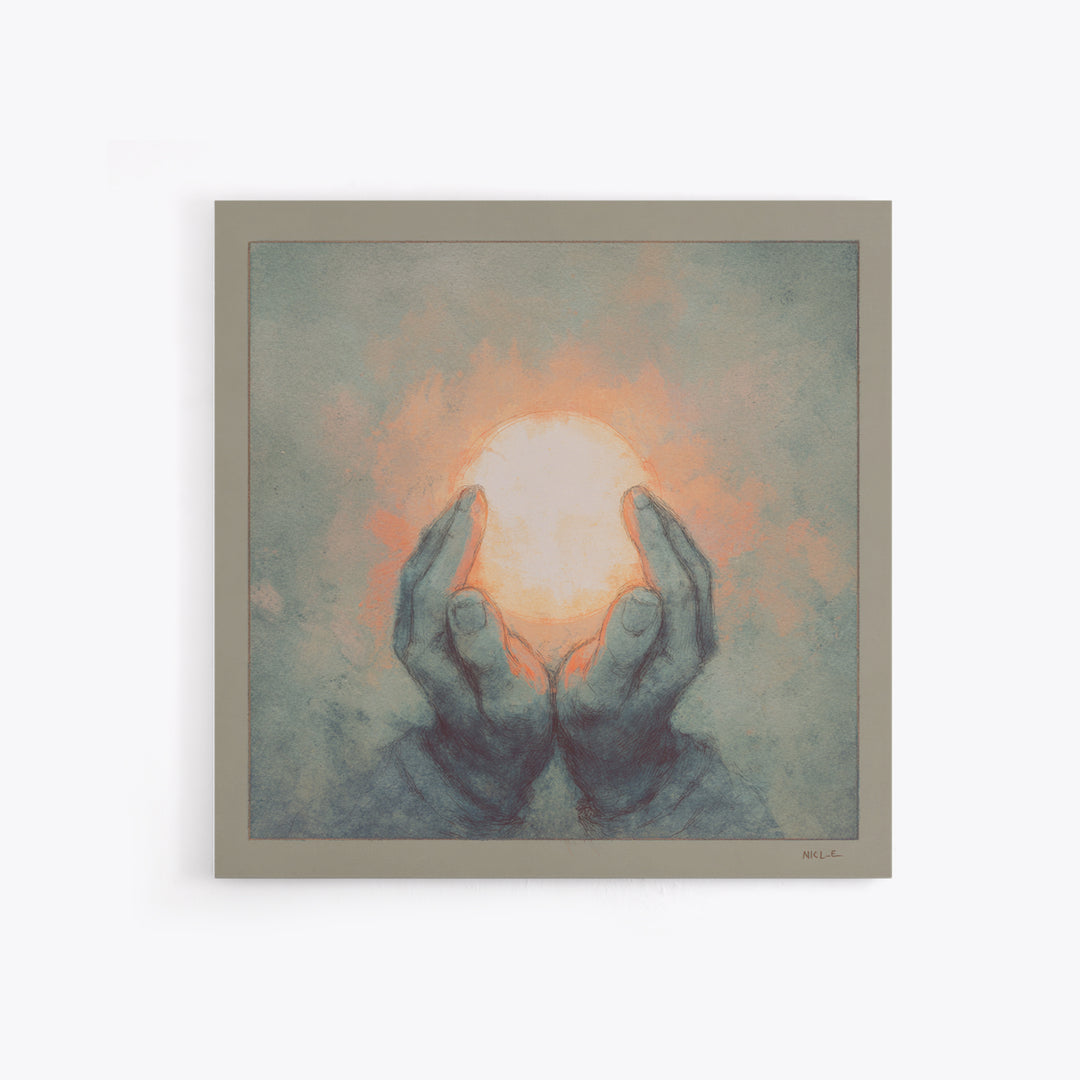 Hands Holding a Tiny Glowing Sun Canvas Print, Meditation Art, Contemporary Art, Living Room Decor, Fine Art, Stillness, MED-1x1-60