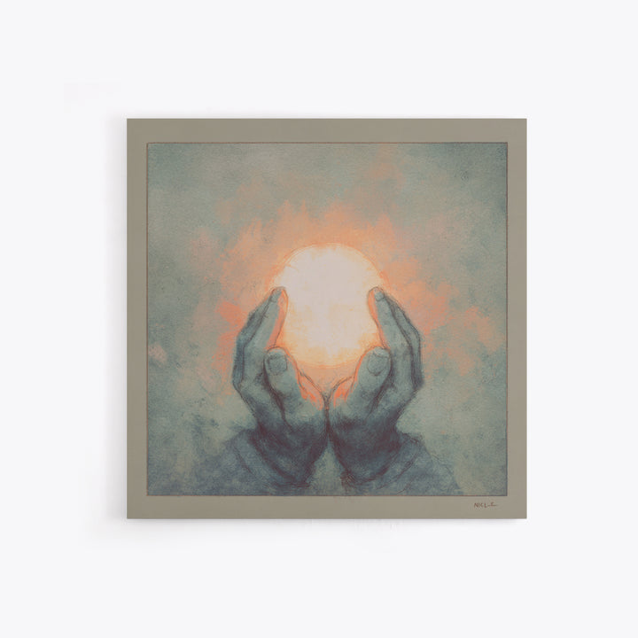 Hands Holding a Tiny Glowing Sun Canvas Print, Meditation Art, Contemporary Art, Living Room Decor, Fine Art, Stillness, MED-1x1-60