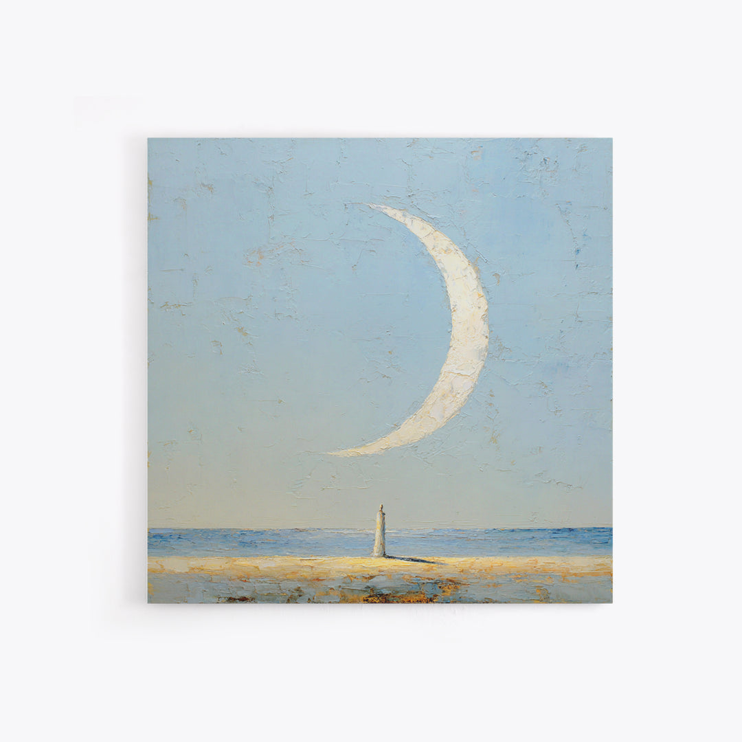 Single Seated Figure Beneath a Crescent Moon Canvas Print, Meditation Art, Statement Artwork, Living Room Decor, Stillness, MED-1x1-75