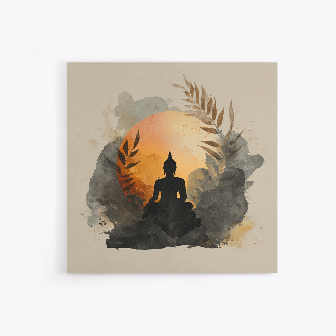 Buddha Silhouette Surrounded by Warm Light Framed Canvas Print, Meditation Art, Boho Decor, Living Room Decor, Oil Painting, MED-1x1-79