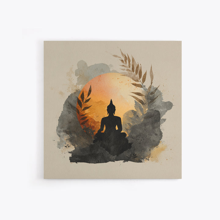 Buddha Silhouette Surrounded by Warm Light Framed Canvas Print, Meditation Art, Boho Decor, Living Room Decor, Oil Painting, MED-1x1-79