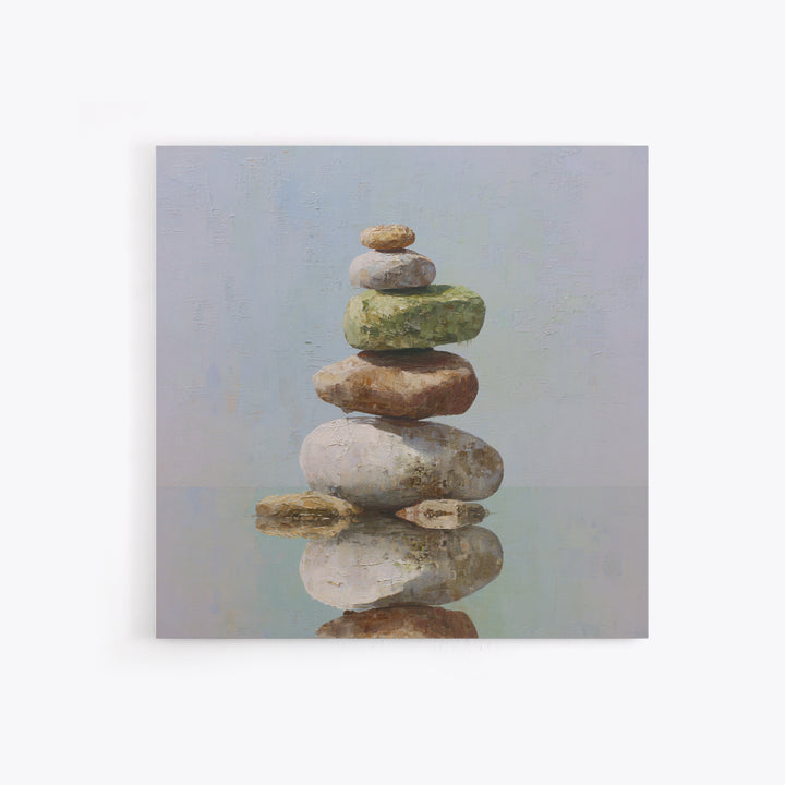 Floating Stones Balanced Above Calm Water Framed Canvas Print, Meditation Art, Digital Print, Living Room Decor, Stillness, MED-1x1-8