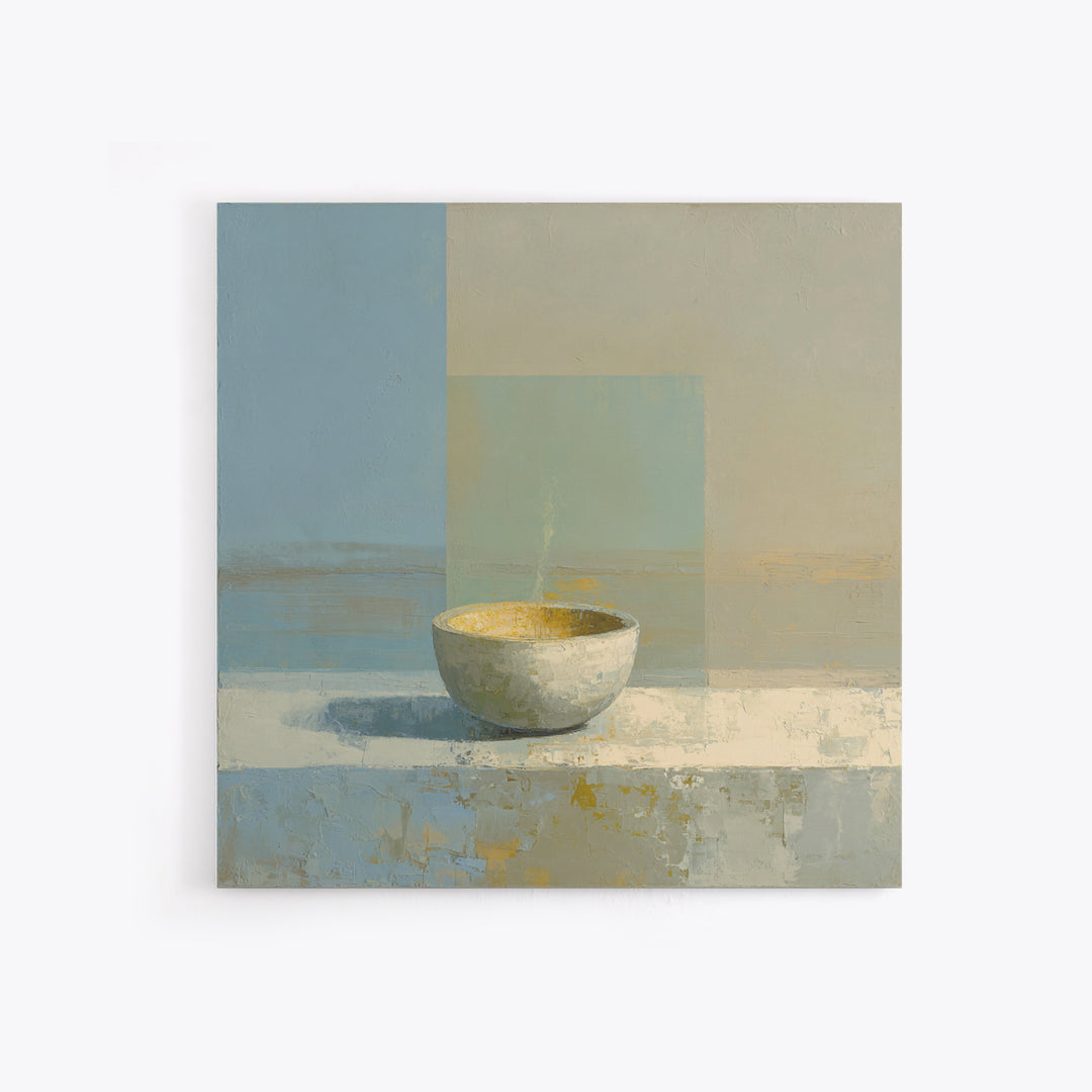 Tea Bowl and Steam Framed Canvas Print, Meditation Art, Wall Art, Living Room Decor, Oil Painting, Stillness, Boho Wall Decor, MED-1x1-93