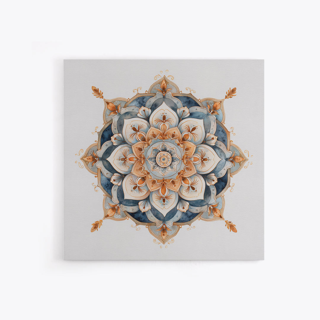 Mandala with Soft Gold and Indigo Symmetry Canvas Print, Meditation Art, Room Decor, Living Room Decor, Fine Art, Stillness, MED-1x1-98