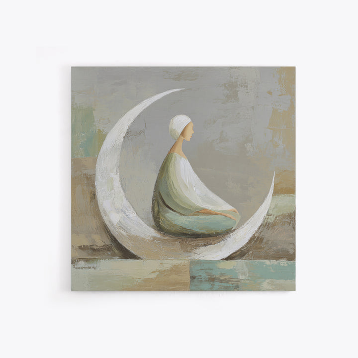 Single Seated Figure Beneath a Crescent Moon Canvas Print, Meditation Art, Digital Wall Art, Living Room Decor, Stillness, MED-1x1-99