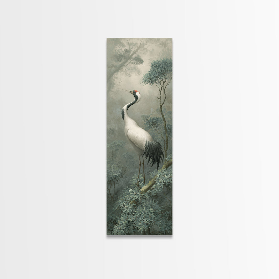 White Crane in Quiet Morning Mist Framed Canvas Print, Meditation Art, Abstract Wall Art, Living Room Decor, Stillness, MED-1x3-52