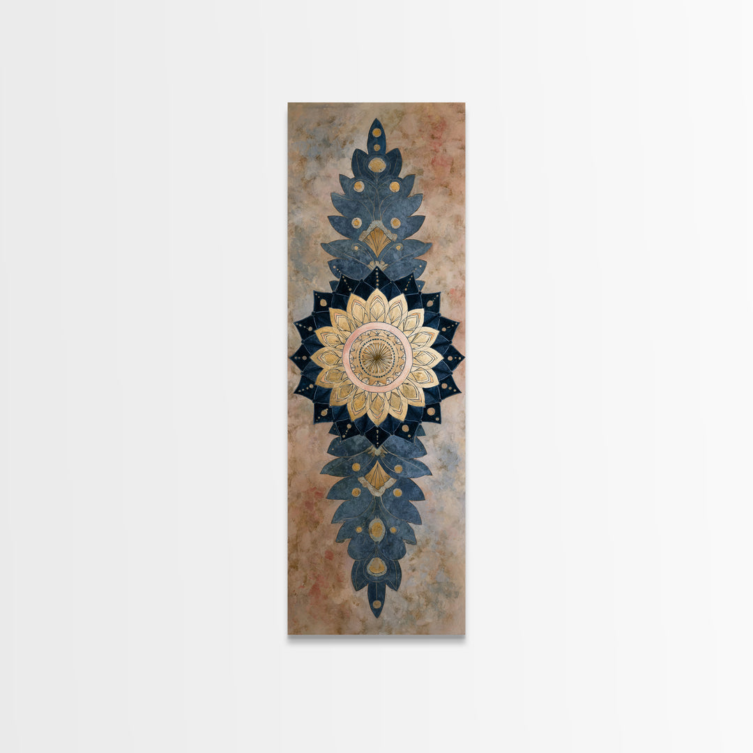 Mandala with Soft Gold and Indigo Symmetry Canvas Print, Meditation Art, Minimalist Decor, Living Room Decor, Stillness, MED-1x3-86