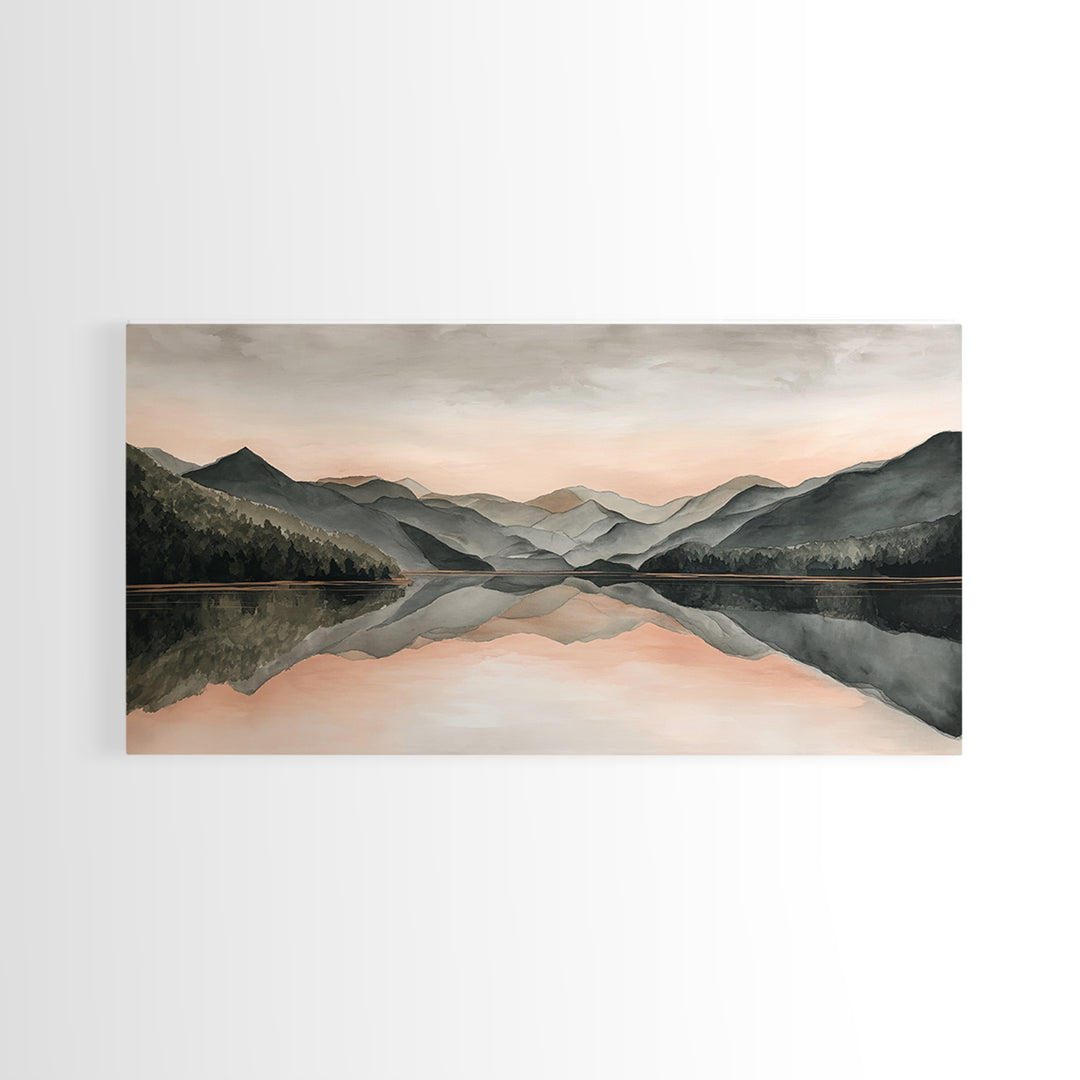 Mountain Lake at Sunrise Framed Canvas Print, Meditation Art, Digital Print, Living Room Decor, Oil Painting, Stillness, MED-2x1-1