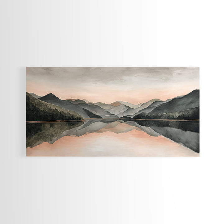 Mountain Lake at Sunrise Framed Canvas Print, Meditation Art, Digital Print, Living Room Decor, Oil Painting, Stillness, MED-2x1-1