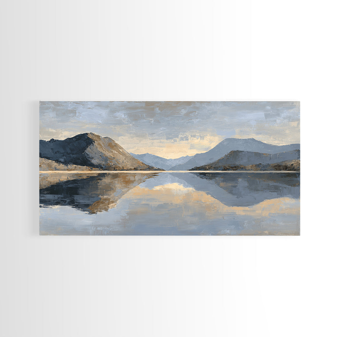 Mountain Lake at Sunrise Framed Canvas Print, Meditation Art, Digital Print, Living Room Decor, Oil Painting, Stillness, MED-2x1-25