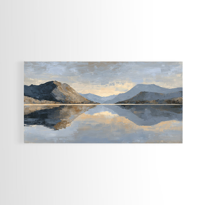 Mountain Lake at Sunrise Framed Canvas Print, Meditation Art, Digital Print, Living Room Decor, Oil Painting, Stillness, MED-2x1-25