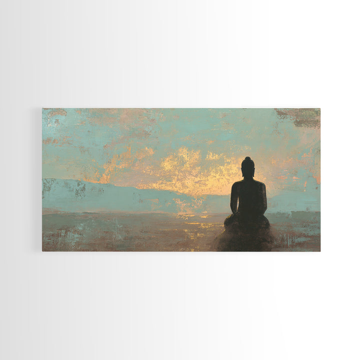 Buddha Silhouette Surrounded by Warm Light Framed Canvas Print, Meditation Art, Boho Wall Decor, Living Room Decor, Stillness, MED-2x1-3
