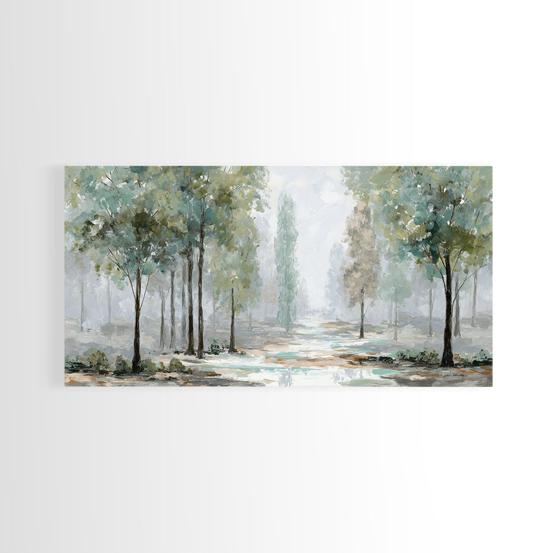 Misty Forest Path Framed Canvas Print, Meditation Art, Art Deco, Living Room Decor, Fine Art, Stillness, Digital Download Art, MED-2x1-33