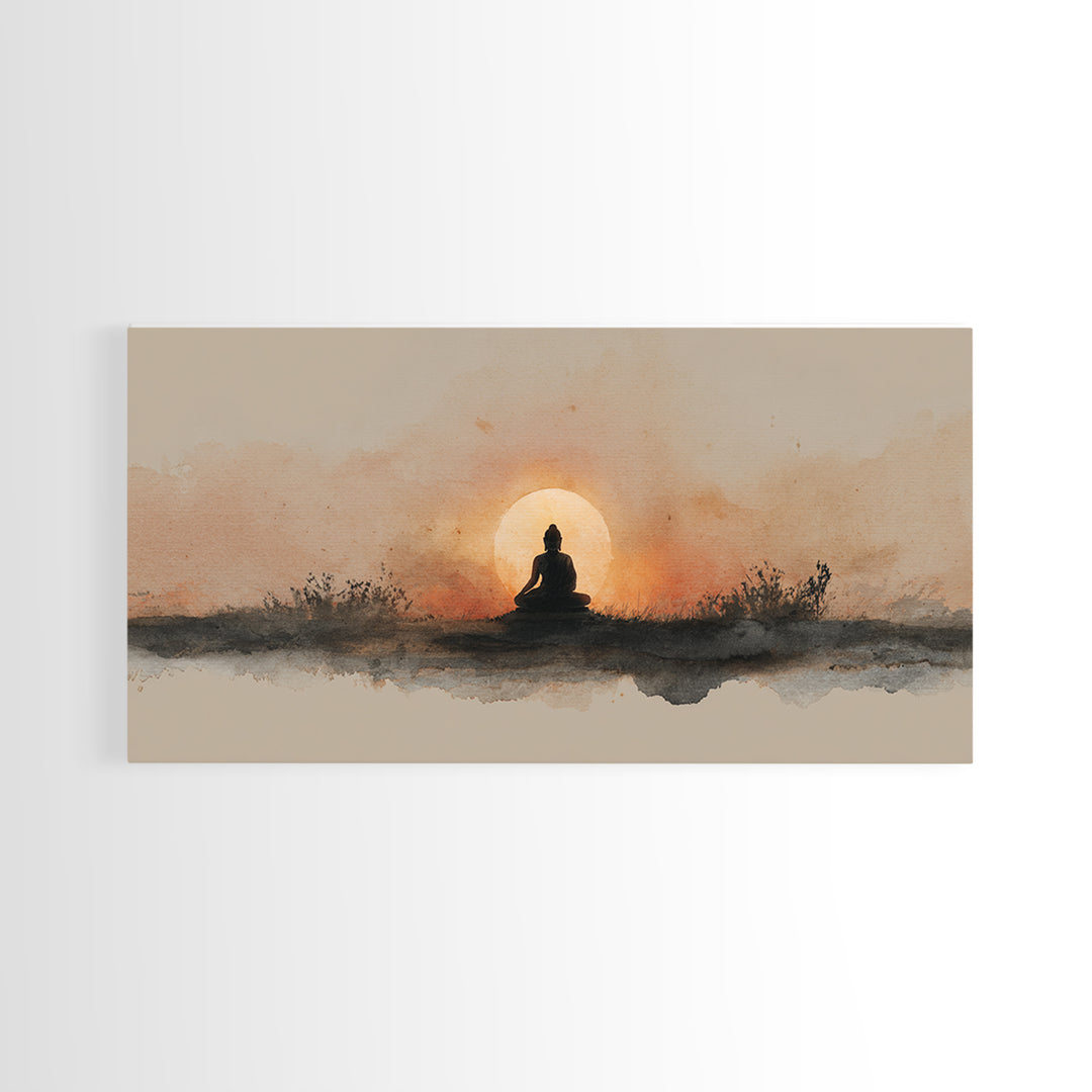 Buddha Silhouette Surrounded by Warm Light Canvas Print, Meditation Art, Gallery Wall Art, Living Room Decor, Stillness, MED-2x1-51