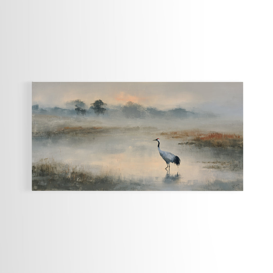 White Crane in Quiet Morning Mist Framed Canvas Print, Meditation Art, Canvas Art, Living Room Decor, Oil Painting, Stillness, MED-2x1-60
