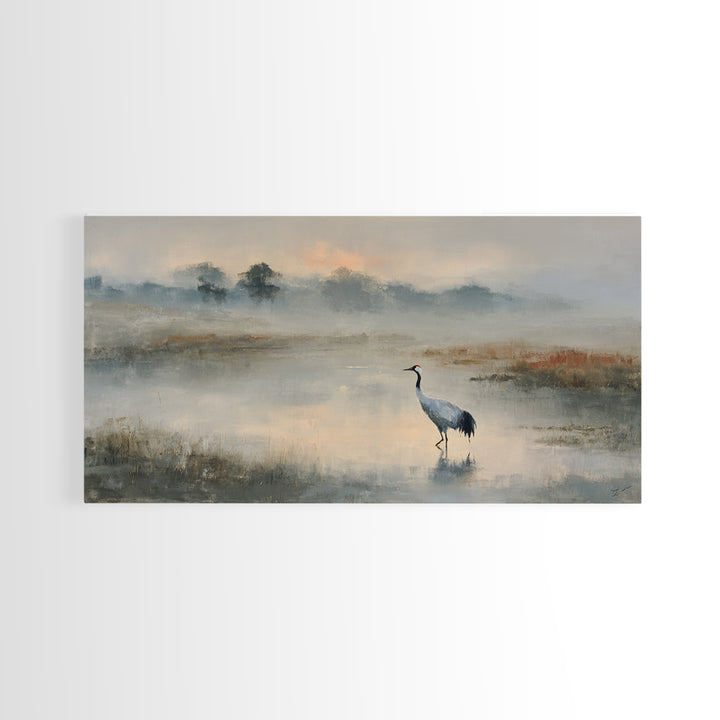 White Crane in Quiet Morning Mist Framed Canvas Print, Meditation Art, Canvas Art, Living Room Decor, Oil Painting, Stillness, MED-2x1-60
