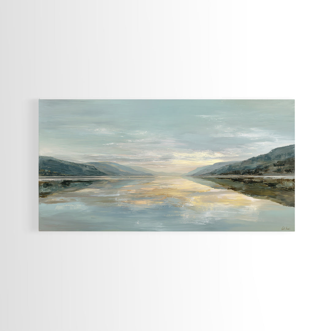 Mountain Lake at Sunrise Framed Canvas Print, Meditation Art, Mandala Wall Art, Living Room Decor, Fine Art, Stillness, MED-2x1-97