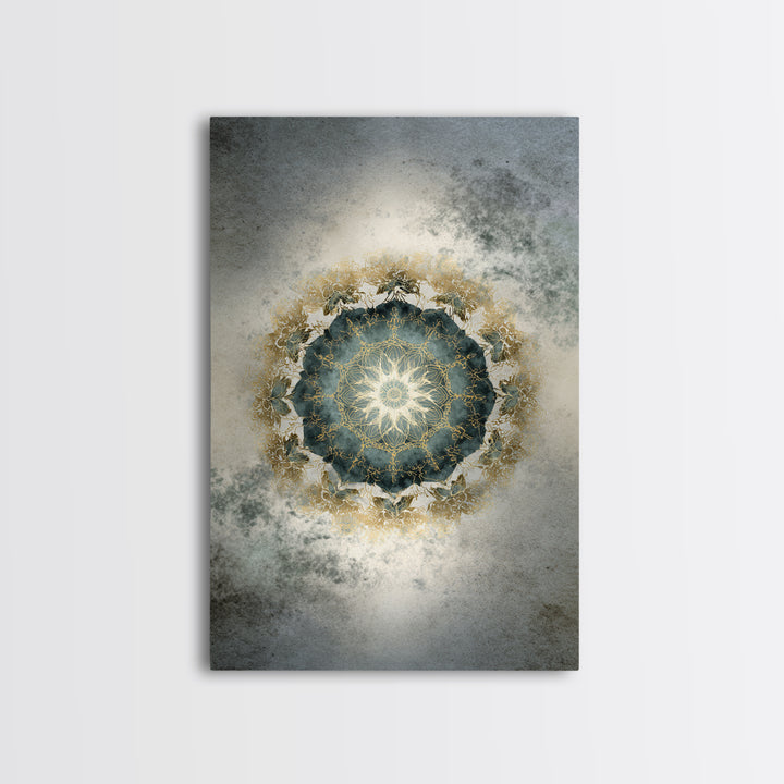 Mandala with Soft Gold and Indigo Symmetry Framed Canvas Print, Meditation Art, Original Art, Living Room Decor, Stillness, MED-2x3-34