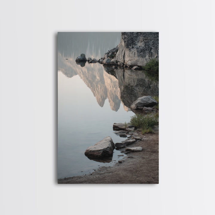 Mountain Lake at Sunrise Framed Canvas Print, Meditation Art, Boho Wall Art, Living Room Decor, Watercolor Art, Stillness, MED-2x3-37