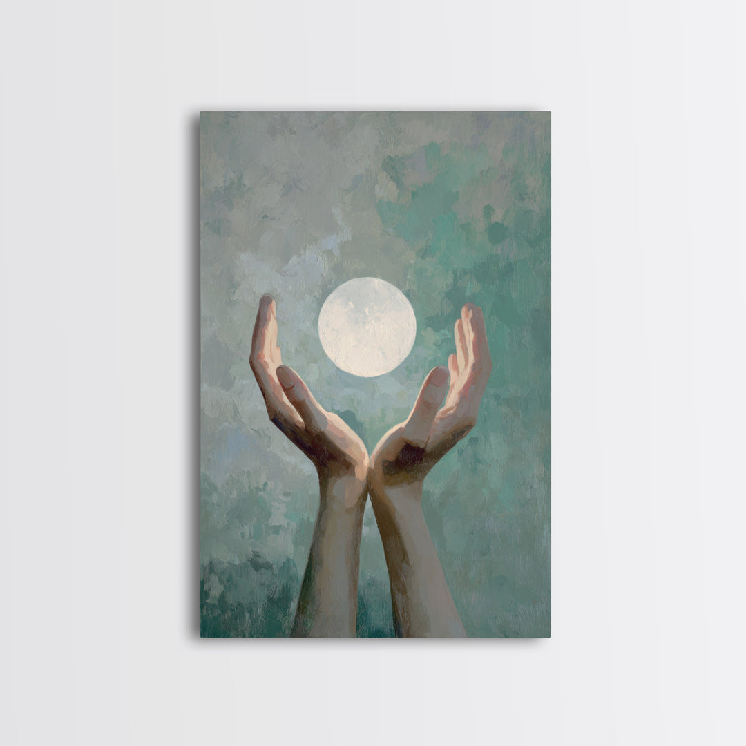Hands Holding a Tiny Glowing Sun Framed Canvas Print, Meditation Art, Living Room Art, Living Room Decor, Fine Art, Stillness, MED-2x3-68