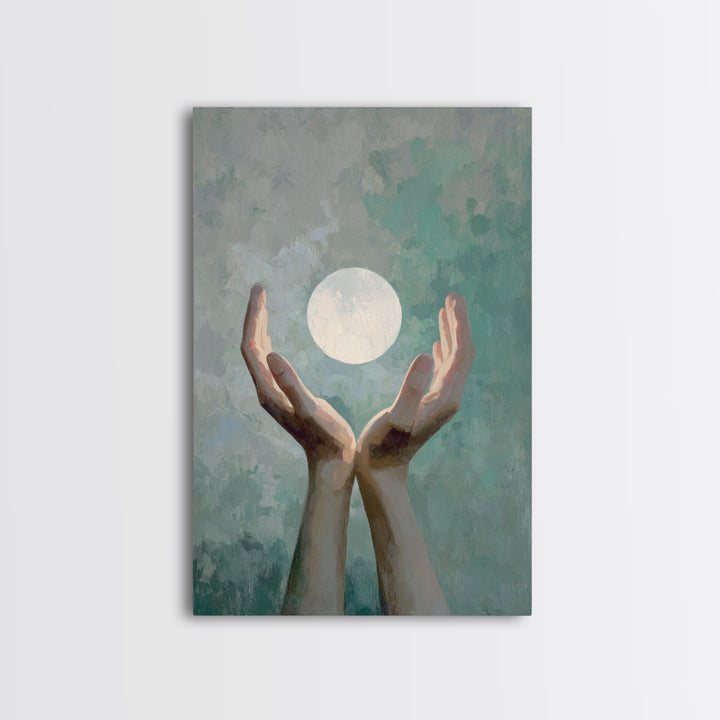 Hands Holding a Tiny Glowing Sun Framed Canvas Print, Meditation Art, Living Room Art, Living Room Decor, Fine Art, Stillness, MED-2x3-68