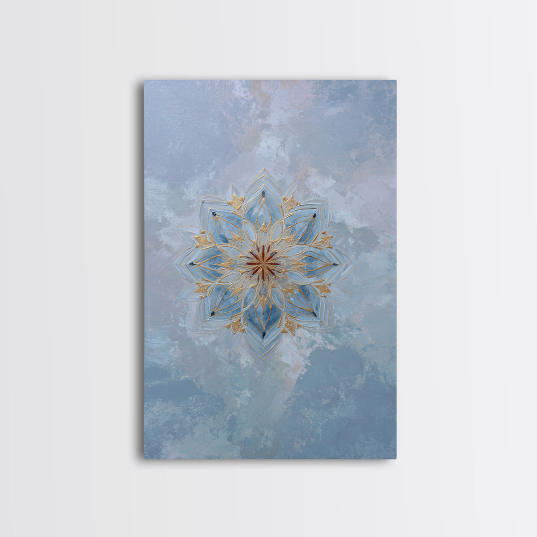 Mandala with Soft Gold and Indigo Symmetry Canvas Print, Meditation Art, Boho Wall Art, Living Room Decor, Fine Art, Stillness, MED-2x3-82