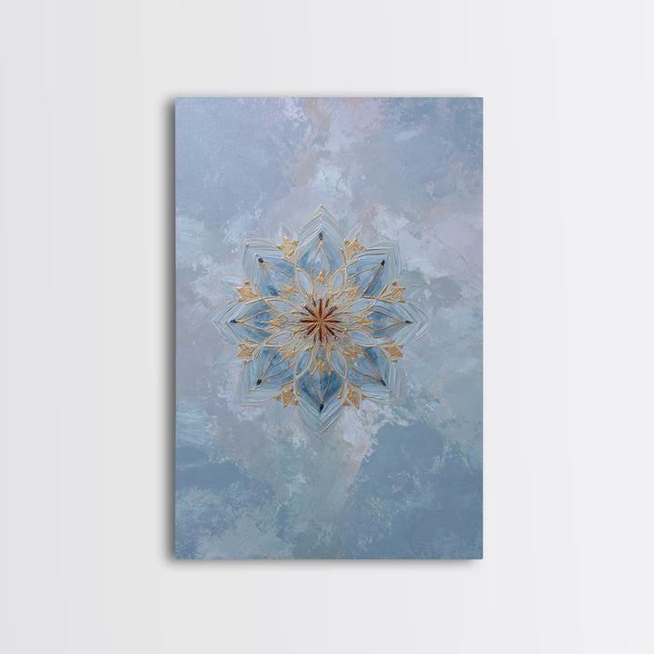 Mandala with Soft Gold and Indigo Symmetry Canvas Print, Meditation Art, Boho Wall Art, Living Room Decor, Fine Art, Stillness, MED-2x3-82