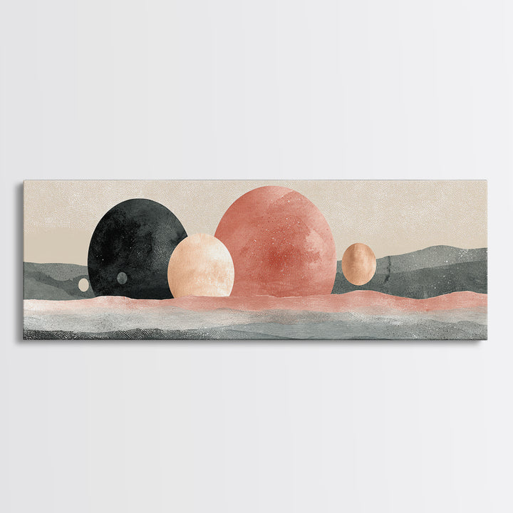 Moon Phases over a Quiet Desert Framed Canvas Print, Meditation Art, Living Room Decor, Watercolor Art, Stillness, MED-3x1-1