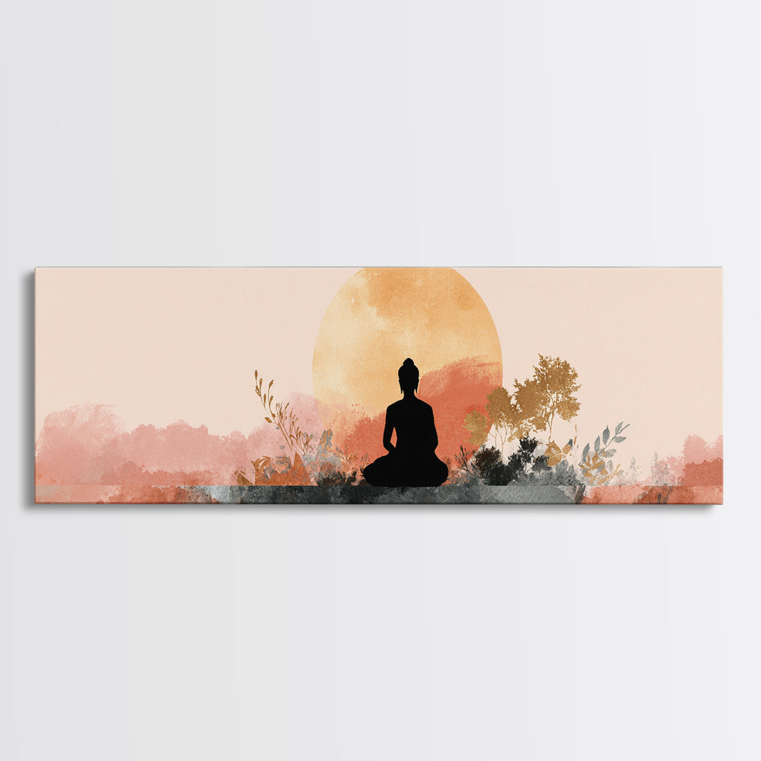 Buddha Silhouette Surrounded by Warm Light Framed Canvas Print, Meditation Art, Art Print, Living Room Decor, Stillness, MED-3x1-23