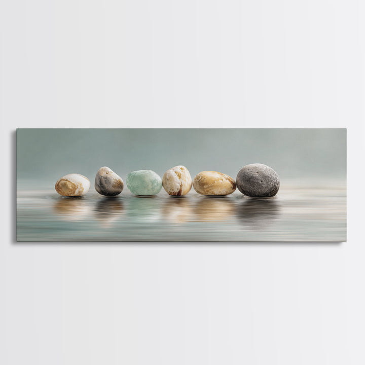 Floating Stones Balanced Above Calm Water Canvas Print, Meditation Art, Printable Artwork, Living Room Decor, Stillness, MED-3x1-24