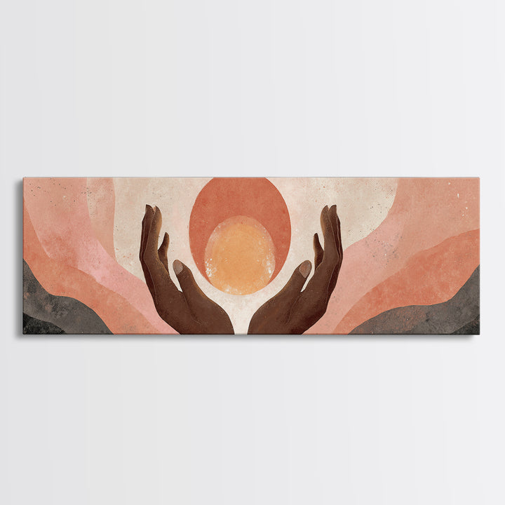 Hands Holding a Tiny Glowing Sun Canvas Print, Meditation Art, Spiritual Wall Art, Living Room Decor, Watercolor Art, Stillness, MED-3x1-4