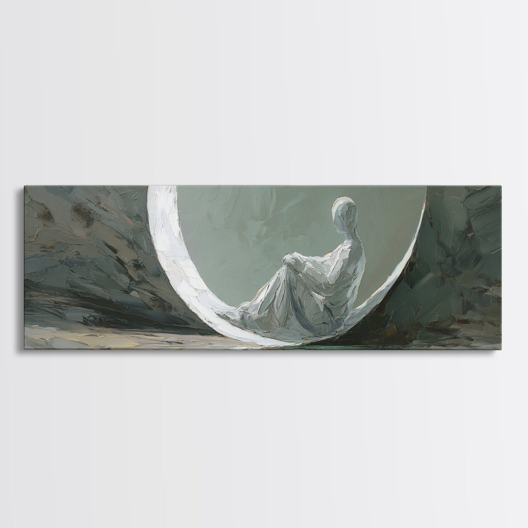 Single Seated Figure Beneath a Crescent Moon Canvas Print, Meditation Art, Abstract Art, Living Room Decor, Fine Art, Stillness, MED-3x1-43
