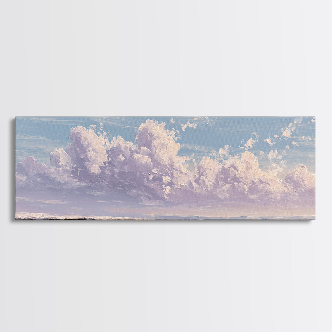Gentle Cloudscape in Lavender and Cream Framed Canvas Print, Meditation Art, Art Deco, Living Room Decor, Fine Art, Stillness, MED-3x1-59