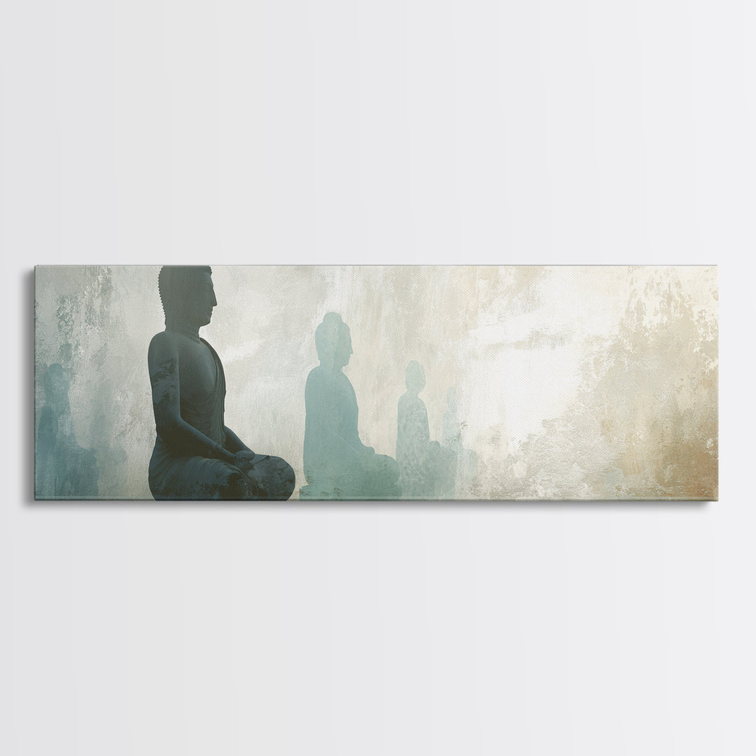 Buddha Silhouette Surrounded by Warm Light Canvas Print, Meditation Art, Boho Wall Decor, Living Room Decor, Stillness, MED-3x1-71