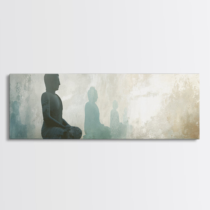 Buddha Silhouette Surrounded by Warm Light Canvas Print, Meditation Art, Boho Wall Decor, Living Room Decor, Stillness, MED-3x1-71