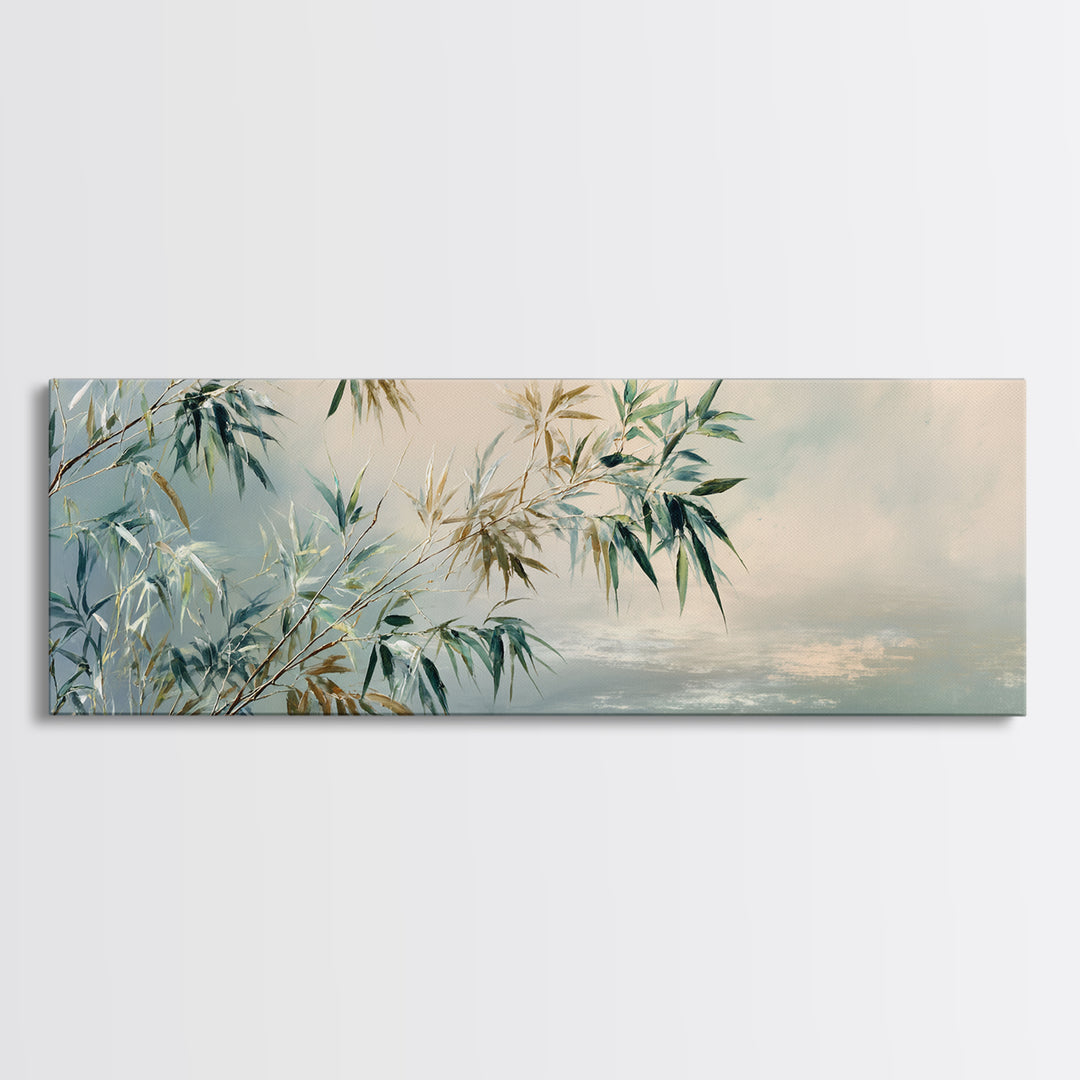 Bamboo Leaves in Gentle Ink Wash Canvas Print, Meditation Art, Floral Wall Art, Living Room Decor, Fine Art, Stillness, MED-3x1-75