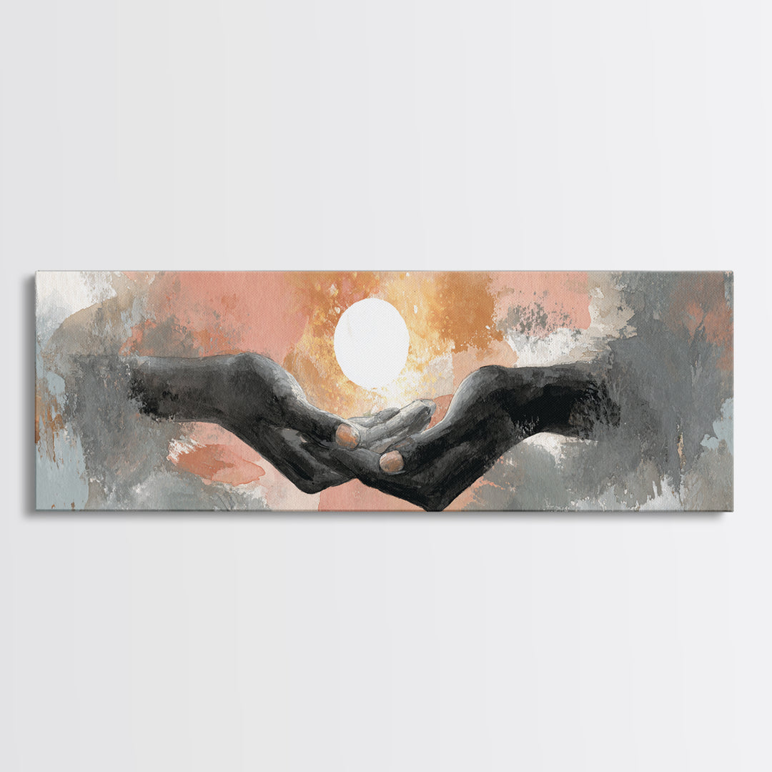 Hands Holding a Tiny Glowing Sun Canvas Print, Meditation Art, Digital Wall Art, Living Room Decor, Fine Art, Stillness, MED-3x1-76