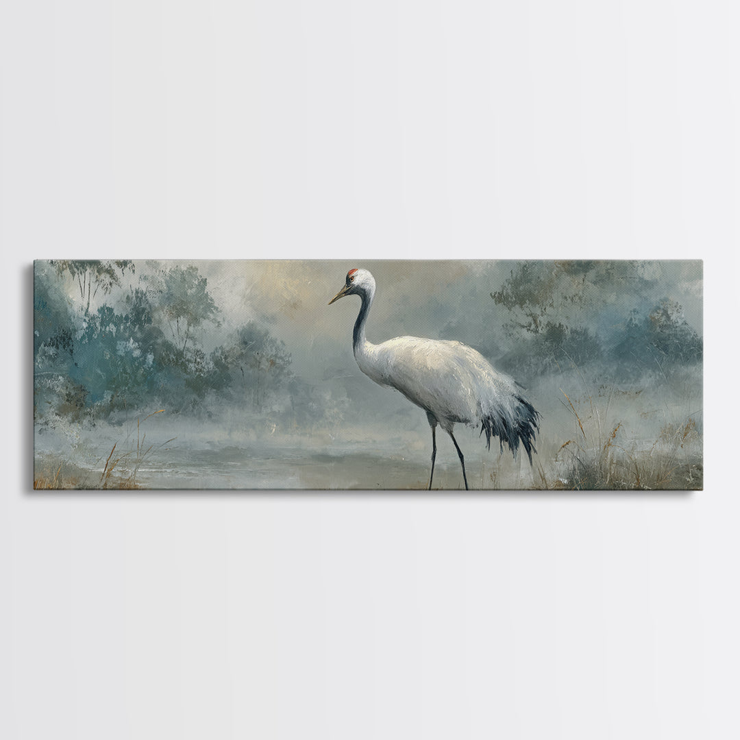 White Crane in Quiet Morning Mist Canvas Print, Meditation Art, Buddha Wall Art, Living Room Decor, Fine Art, Stillness, MED-3x1-8